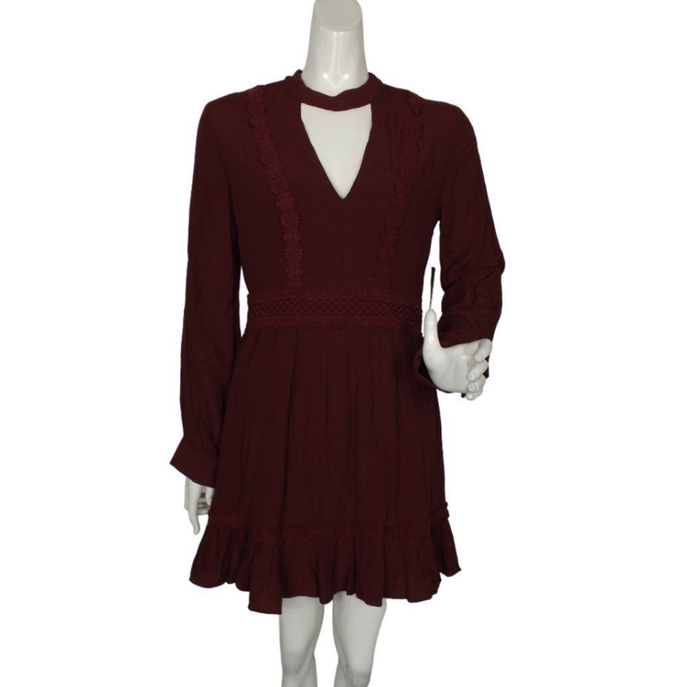new LULUS Mini Dress, M, Boho Skater, Long sleeve, Choker Neck, Burgundy Maroon
